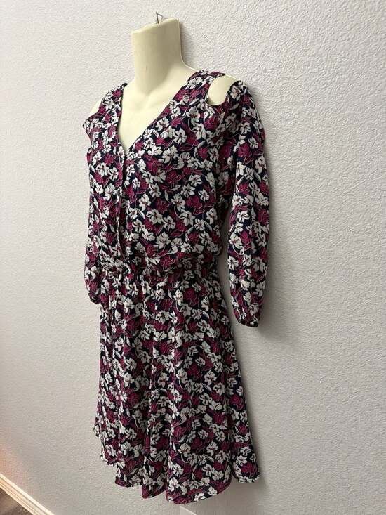 Banana Republic Navy Floral Cold Shoulder V-Neck Long Sleeve Dress Size 6 - Picture 4 of 5